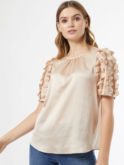 

DOROTHY PERKINS Women Beige Satin Finish Solid Ruffled Sleeves Top