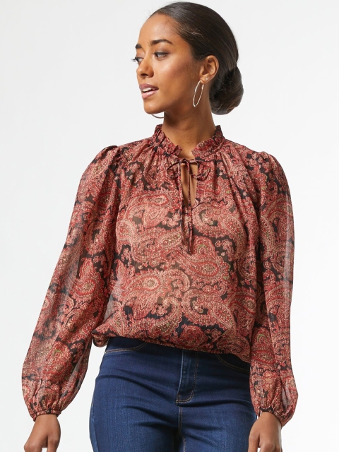 

DOROTHY PERKINS Women Red & Black Petite Paisley Print Semi-Sheer Blouson Top
