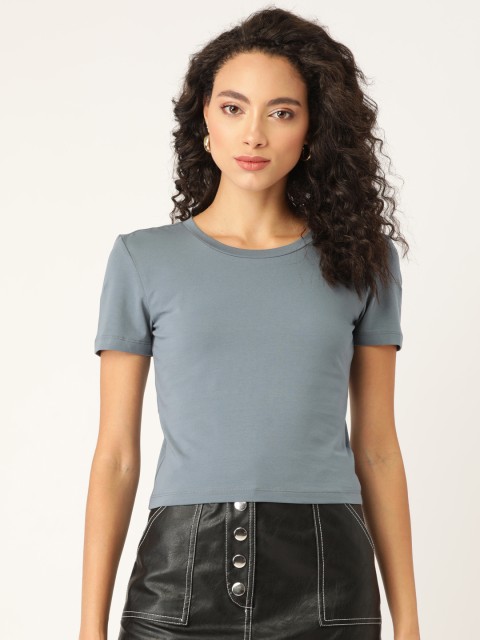 

20Dresses Women Blue Solid Round Neck T-shirt