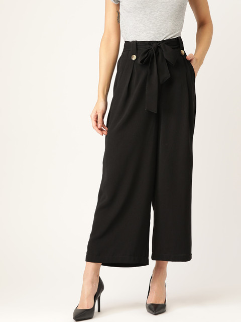 

20Dresses Women Black Loose Fit Solid Parallel Trousers with Belt
