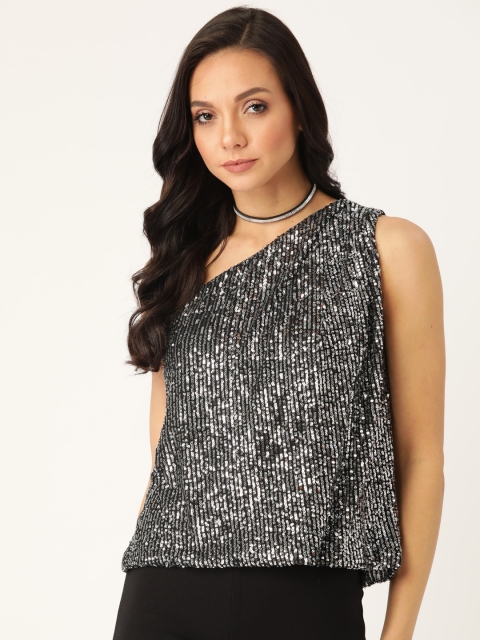 

20Dresses Women Black & Silver Sequinned One-Shoulder Top