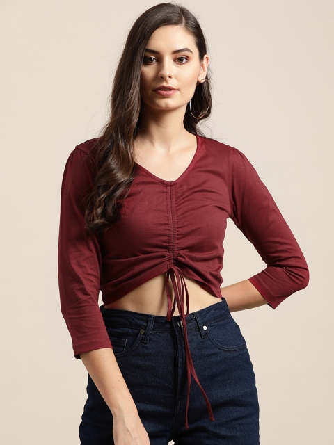 

20Dresses Women Maroon Pure Cotton Ruched Waist Tie-up Cropped Top