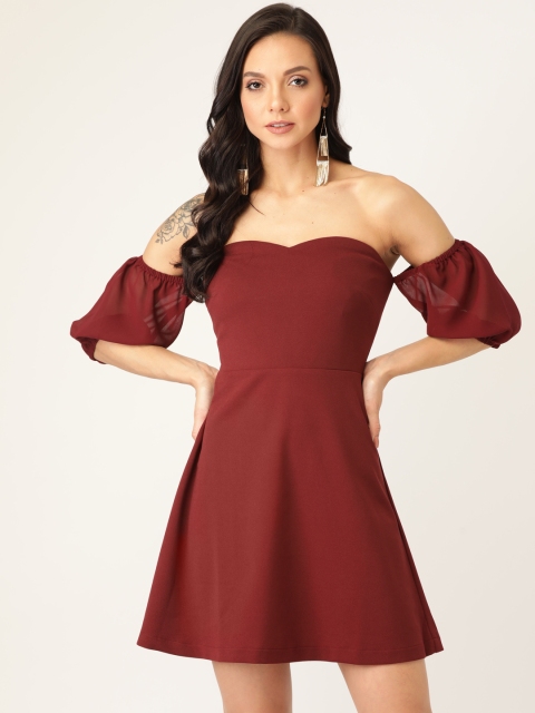 

20Dresses Women Maroon Solid Off-Shoulder Fit and Flare Dress