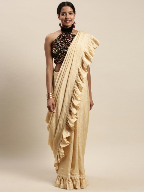 

Mitera Beige Solid Saree with Ruffles