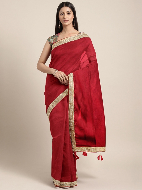 KALINI Maroon Silk Cotton Solid Kanjeevaram Saree