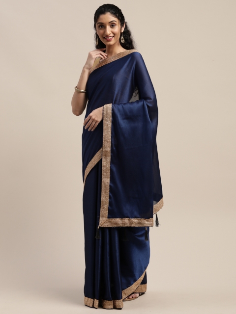 

KALINI Navy Blue & Gold-Toned Silk Cotton Solid Kanjeevaram Saree