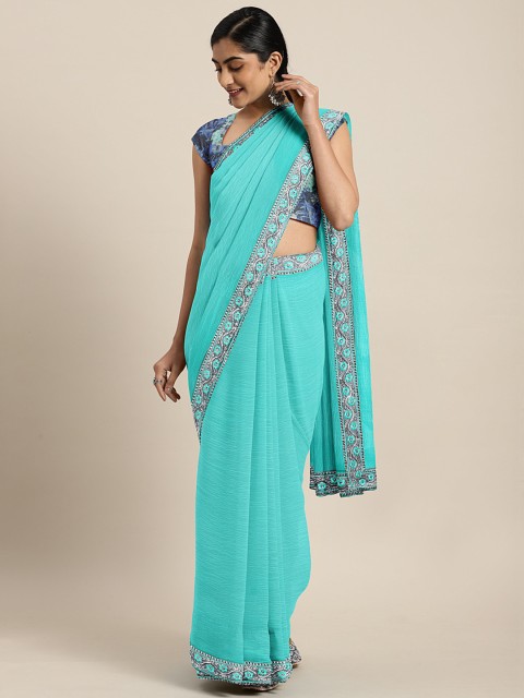 

KALINI Turquoise Blue Poly Chiffon Solid Saree
