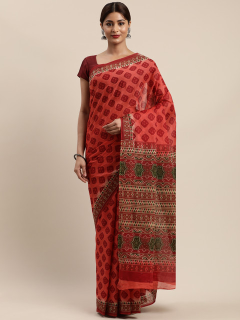 

Mitera Coral Red Cotton Blend Printed Kanjeevaram Saree