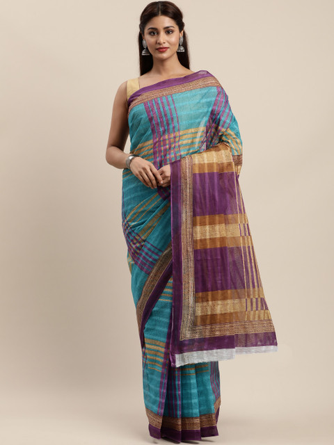 

Mitera Turquoise Blue & Purple Cotton Blend Checked Kanjeevaram Saree