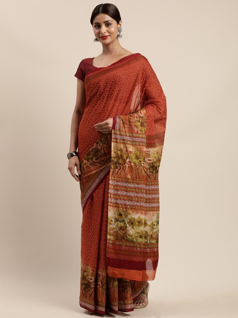 

Mitera Rust Red & Beige Cotton Blend Printed Saree