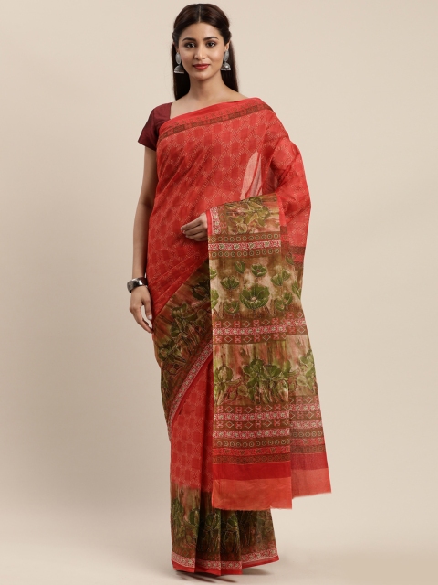 

Mitera Coral Pink & Green Cotton Blend Printed Kanjeevaram Saree