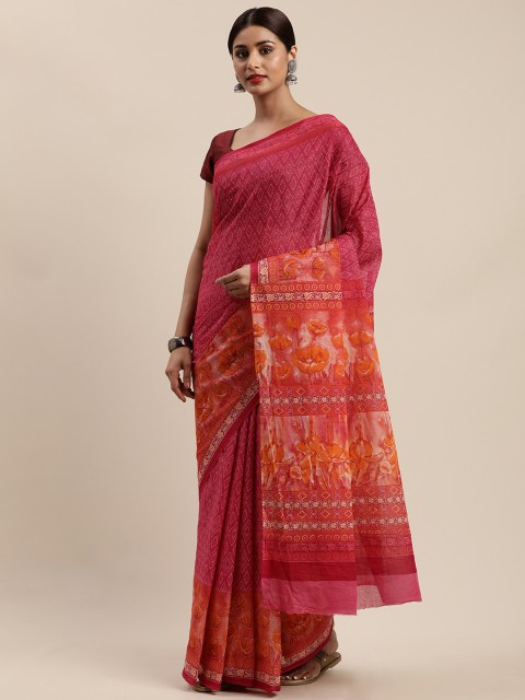 

Mitera Pink Cotton Blend Printed Kanjeevaram Saree