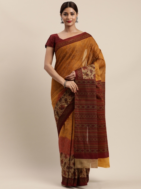 

Mitera Brown Cotton Blend Printed Kanjeevaram Saree
