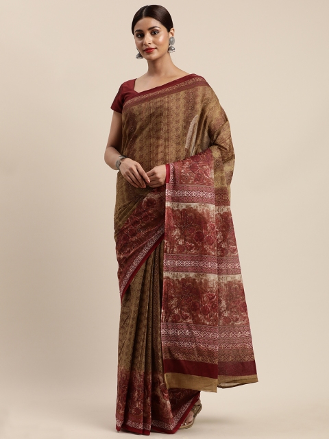 

Mitera Olive Brown Cotton Blend Printed Kanjeevaram Saree