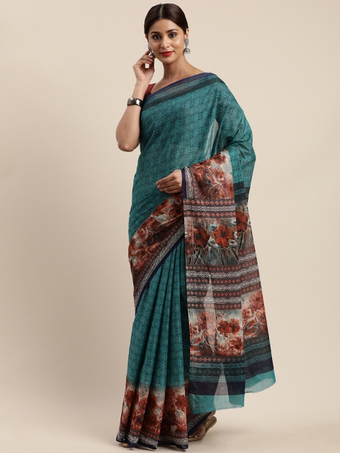 

Mitera Blue Printed Cotton Blend Saree