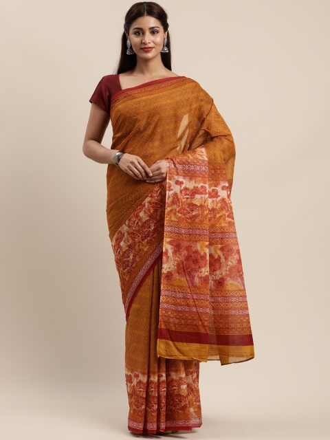 

Mitera Mustard Yellow & Maroon Cotton Blend Printed Kanjeevaram Saree