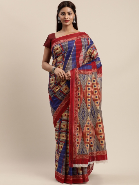 

Mitera Maroon & Navy Blue Cotton Blend Printed Kanjeevaram Saree