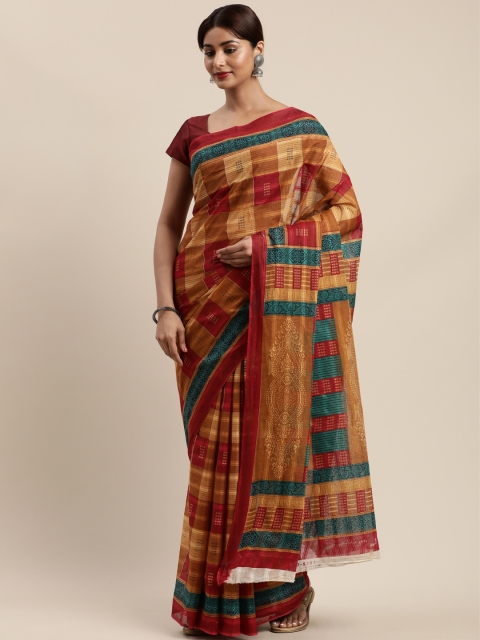 

Mitera Brown & Red Cotton Blend Printed Kanjeevaram Saree