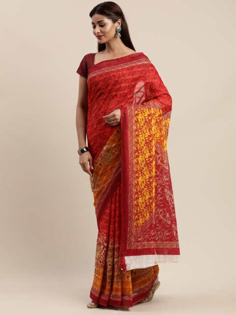 

Mitera Maroon & Mustard Yellow Cotton Blend Printed Kanjeevaram Saree