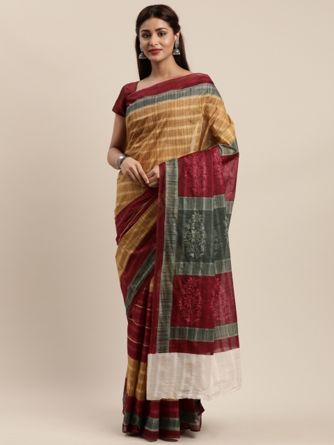 

Mitera Beige & Maroon Cotton Blend Checked Kanjeevaram Saree