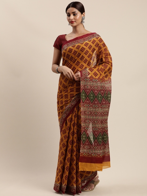 

Mitera Yellow & Maroon Cotton Blend Printed Kanjeevaram Saree