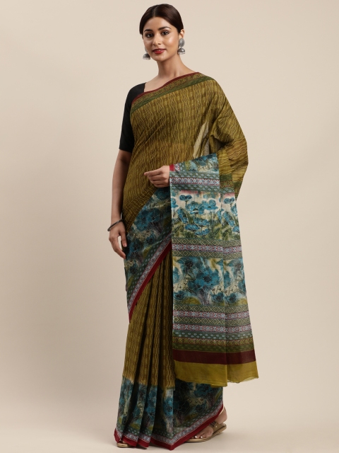 

Mitera Olive Green Cotton Blend Printed Kanjeevaram Saree