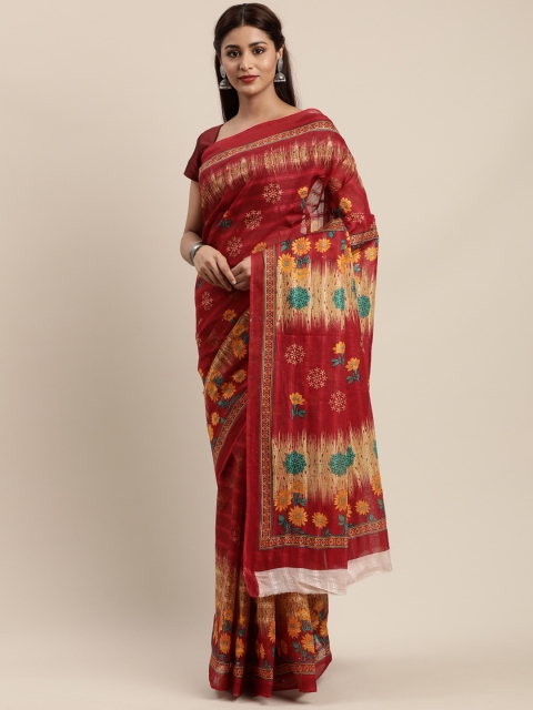 

Mitera Maroon & Mustard Yellow Cotton Blend Printed Kanjeevaram Saree