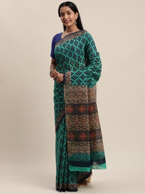 

Mitera Green Cotton Blend Woven Design Kanjeevaram Saree