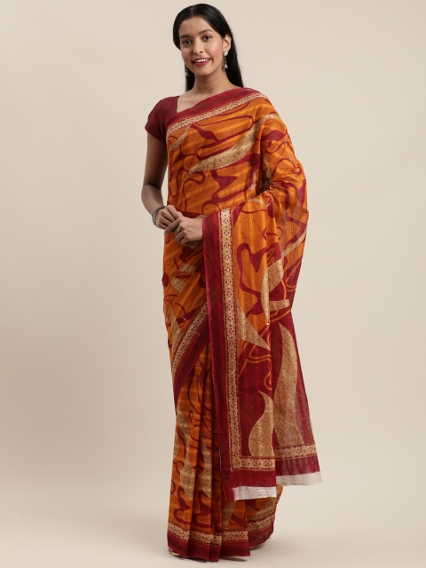

Mitera Orange & Red Cotton Blend Printed Kanjeevaram Saree