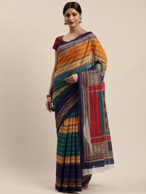 

Mitera Green & Mustard Yellow Cotton Blend Striped Saree