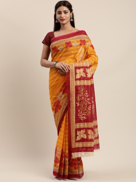 

Mitera Mustard Yellow & Red Cotton Blend Floral Printed Saree