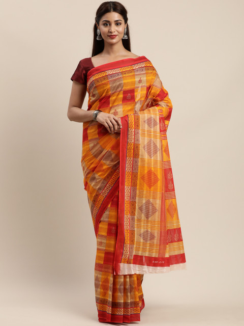 

Mitera Mustard Yellow & Maroon Cotton Blend Printed Kanjeevaram Saree