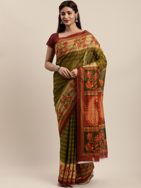 

Mitera Olive Green & Maroon Cotton Blend Floral Printed Saree