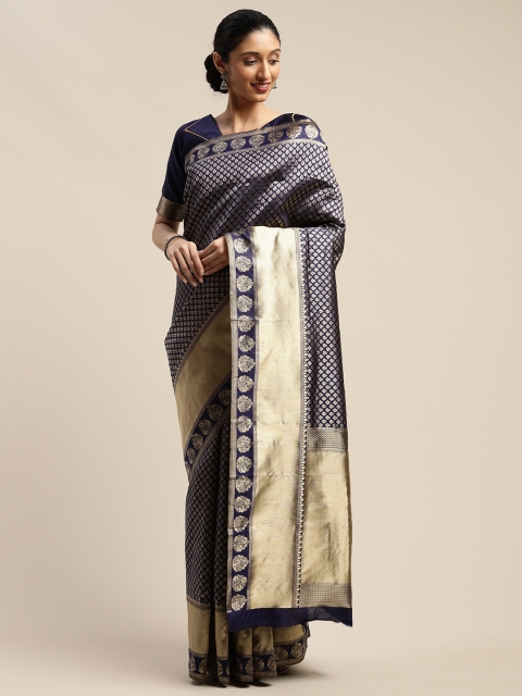

SHAVYA Navy Blue & Gold-Coloured Silk Blend Woven Design Banarasi Saree