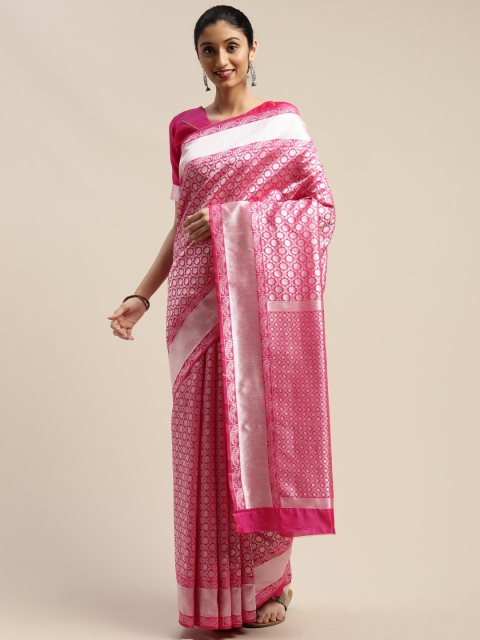 

SHAVYA Pink & Silver-Toned Silk Blend Woven Design Banarasi Saree