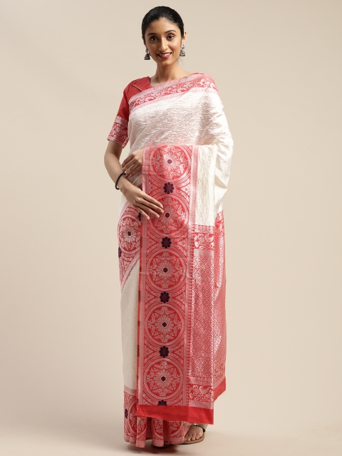 

SHAVYA White & Red Silk Blend Woven Design Banarasi Saree