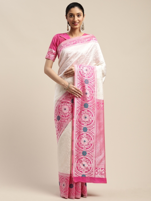 

SHAVYA White & Pink Ethnic Floral Woven Design Banarasi Saree