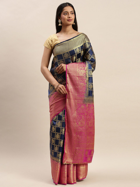 

DIVASTRI Navy Blue & Golden Silk Cotton Checked Banarasi Saree