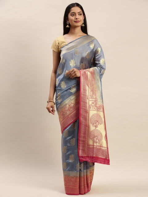 

DIVASTRI Grey & Gold-Toned Silk Cotton Woven Design Banarasi Saree