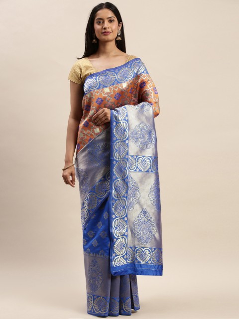

DIVASTRI Rust Orange & Blue Silk Cotton Woven Design Banarasi Half and Half Saree