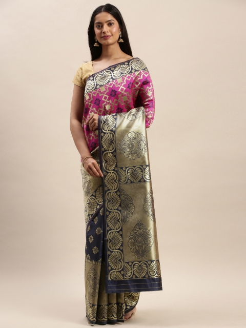 

DIVASTRI Pink & Navy Blue Silk Cotton Woven Design Banarasi Half and Half Saree