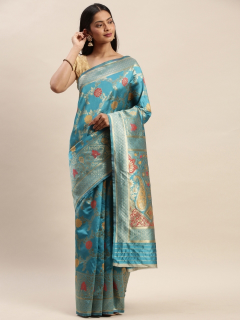 

DIVASTRI Blue & Gold-Toned Silk Cotton Woven Design Banarasi Saree