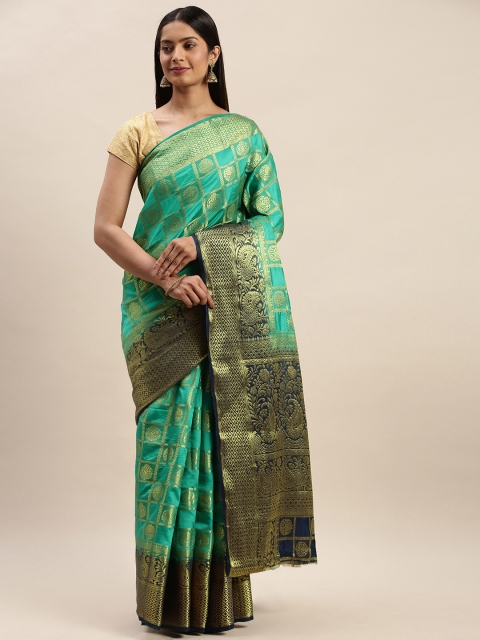 

DIVASTRI Teal & Gold-Toned Silk Cotton Checked Banarasi Saree