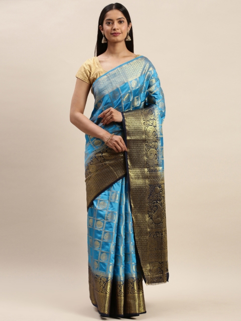 

DIVASTRI Blue & Gold-Toned Silk Cotton Woven Design Banarasi Saree