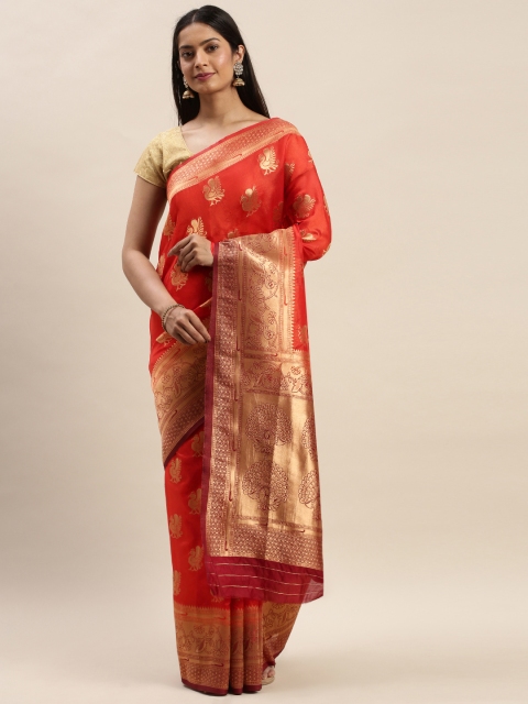 

DIVASTRI Orange & Golden Silk Cotton Woven Design Banarasi Saree