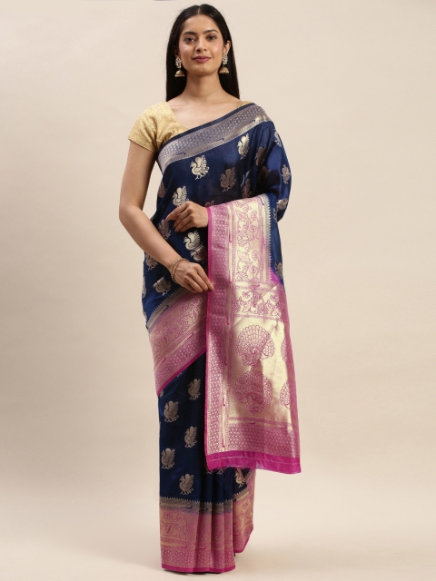 

DIVASTRI Navy Blue & Pink Silk Cotton Woven Design Banarasi Saree