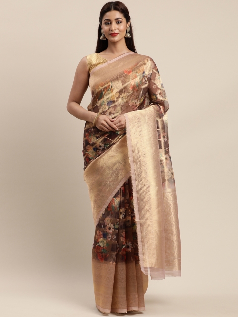 

Mitera Brown & Gold-Toned Pure Silk Printed Banarasi Saree