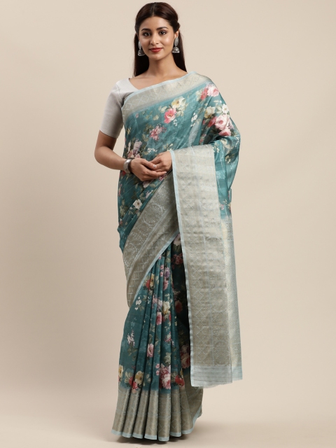 

Mitera Green & Beige Pure Silk Printed Banarasi Saree