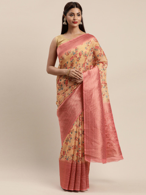 

Mitera Cream-Coloured & Peach-Coloured Pure Silk Printed Banarasi Saree