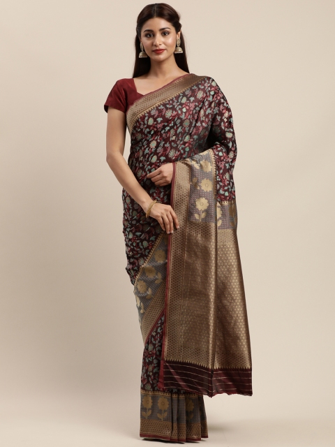 

Mitera Burgundy & Green Pure Silk Woven Design Banarasi Saree